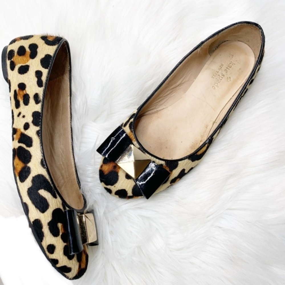 Kate Spade Leopard Cheetah Print Black Bow Calf Hair Flats Ballet Shoes